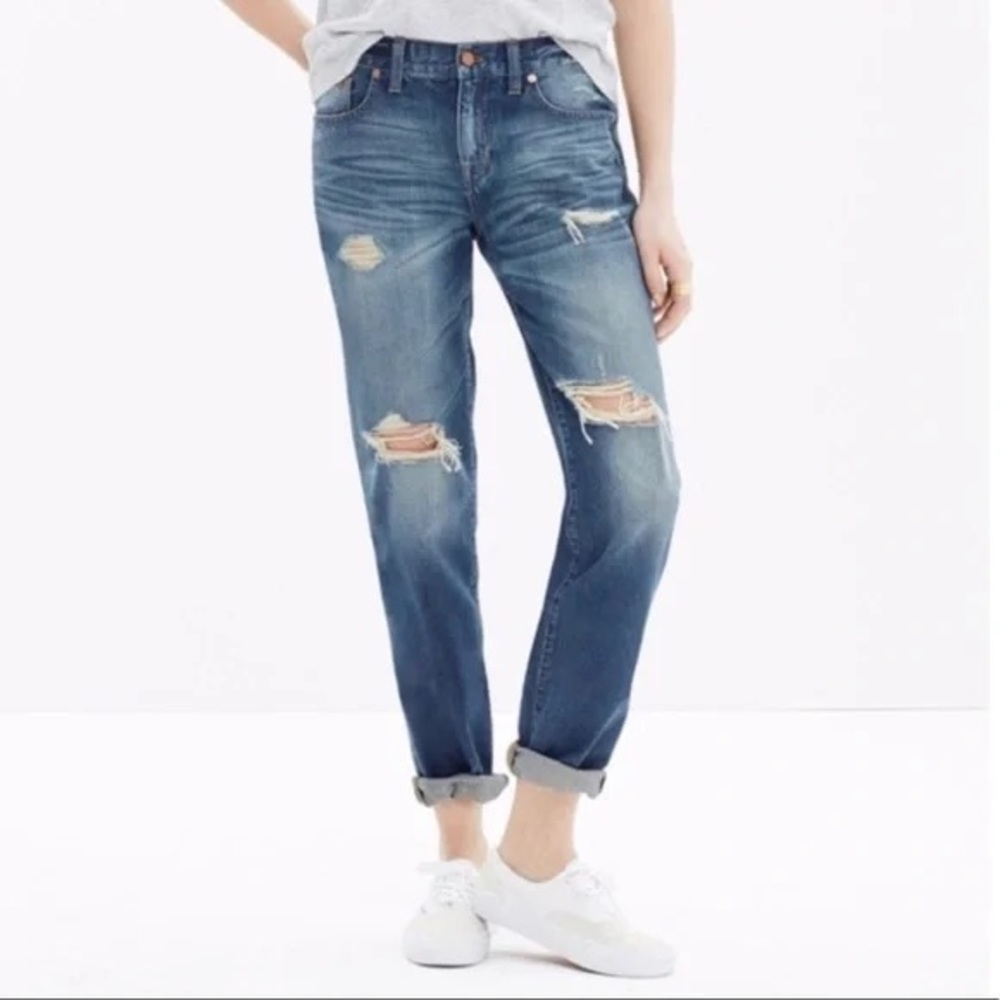 Madewell Distressed Ripped Knee Boyfriend Fit Boyjean Denim Jeans Blue